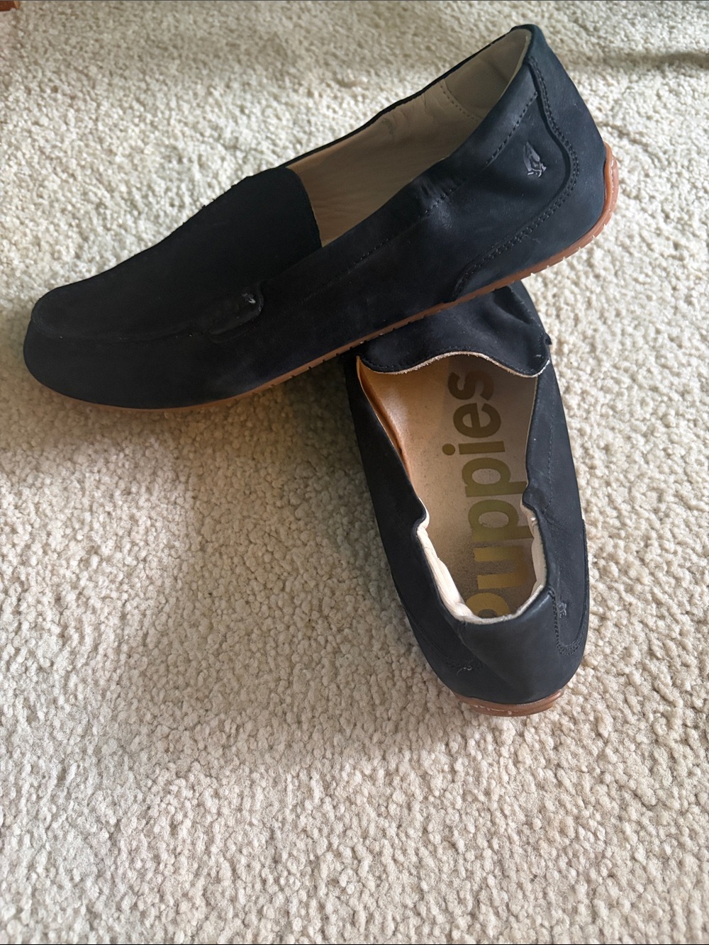 Hush Puppies Black Suede Women’s Slip-On Loafers with Brown Sole